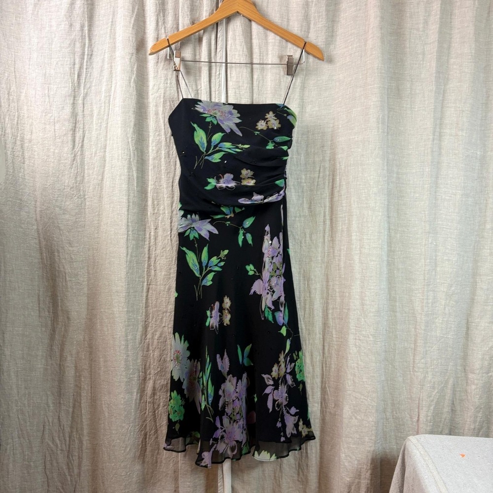 VTG Anne Klein Silk Floral Ruched Strapless Dress Size 6 Fairy Grunge Whimsigoth